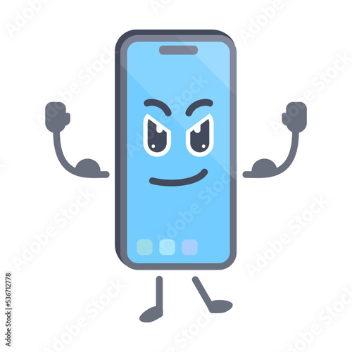 Phone with muscle pose. smartphone cartoon character. Iphone character.