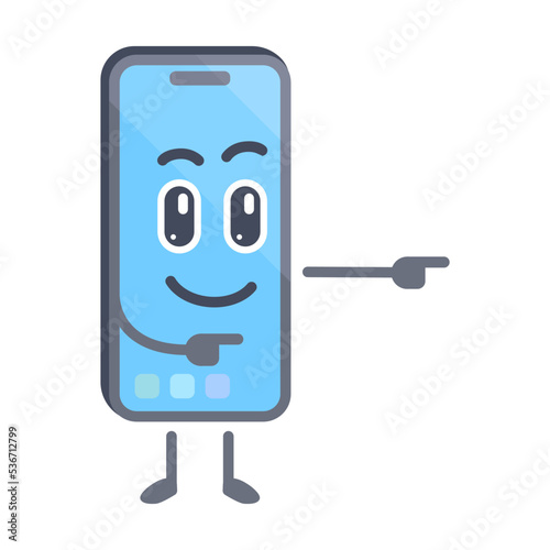 Phone with pointing to right pose. smartphone cartoon character. Iphone character.