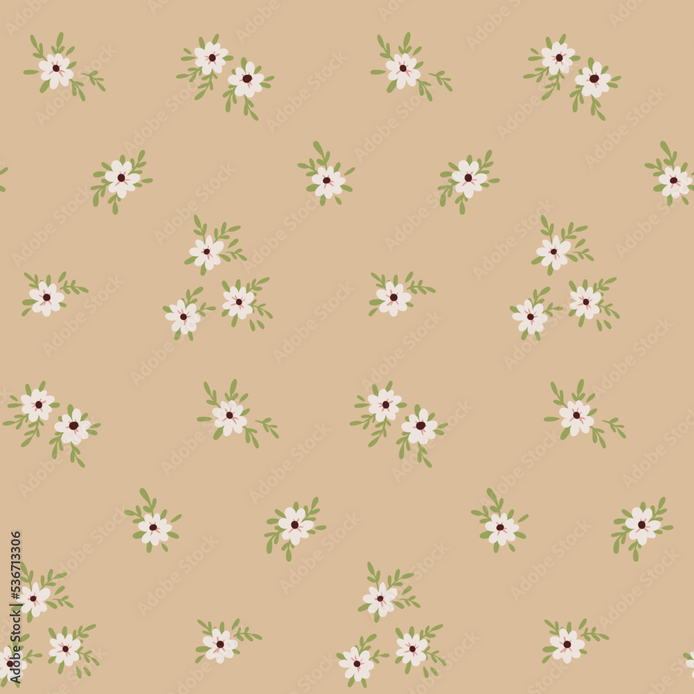 Seamless floral pattern, cute ditsy print with small sparse flowers. Romantic botanical design with tiny hand drawn flowers, leaves on a light background. Vector illustration.