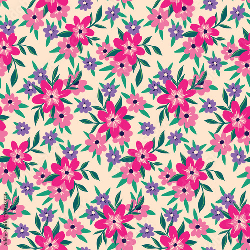Seamless floral pattern, pretty ditsy print with small decorative plants. Abstract botanical arrangement of pink flowers, various leaves, bouquets on a light background. Vector illustration.