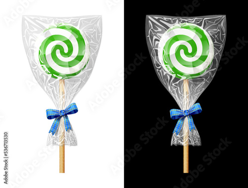 Round green candy on stick in plastic wrapper with bow. Festive wrapped lollipop isolated on white and black. Vector image for christmas, sweet food, new years day, holiday, dessert, new years eve