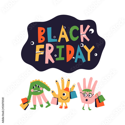 Cartoon Black Friday Kids  Characters monsters  Hand drawn sign  lettering. Shopping bags for children store. Flat vector illustration for web banner  advertisement  cover  flyer.