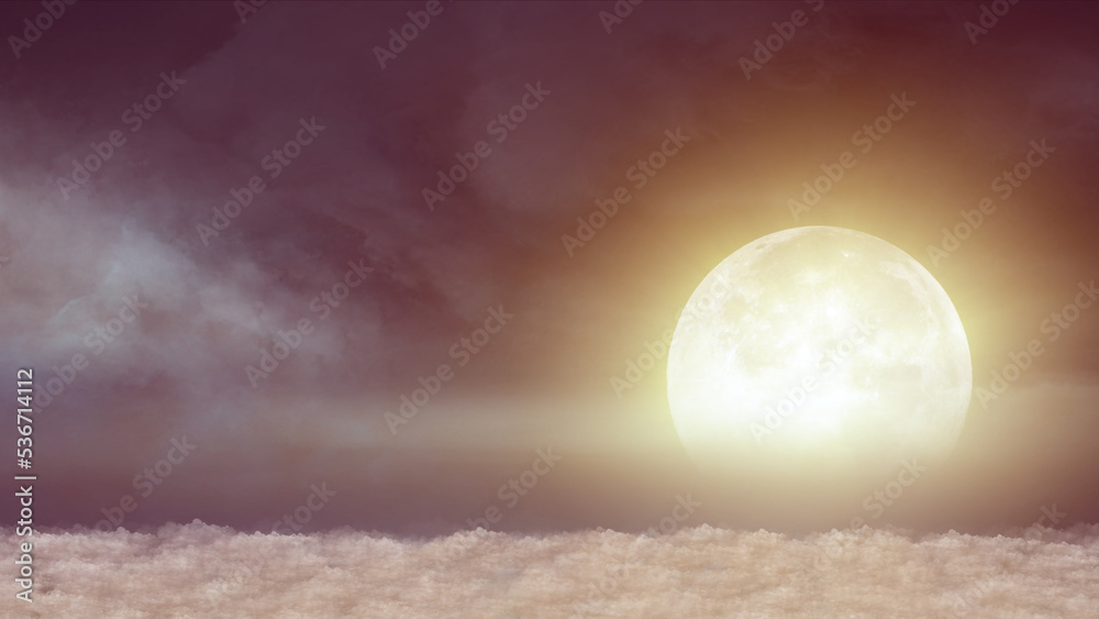 Beautiful realistic flight over cumulus lush clouds in the night moonlight Beautiful realistic flight over cumulus lush clouds in the night moonlight