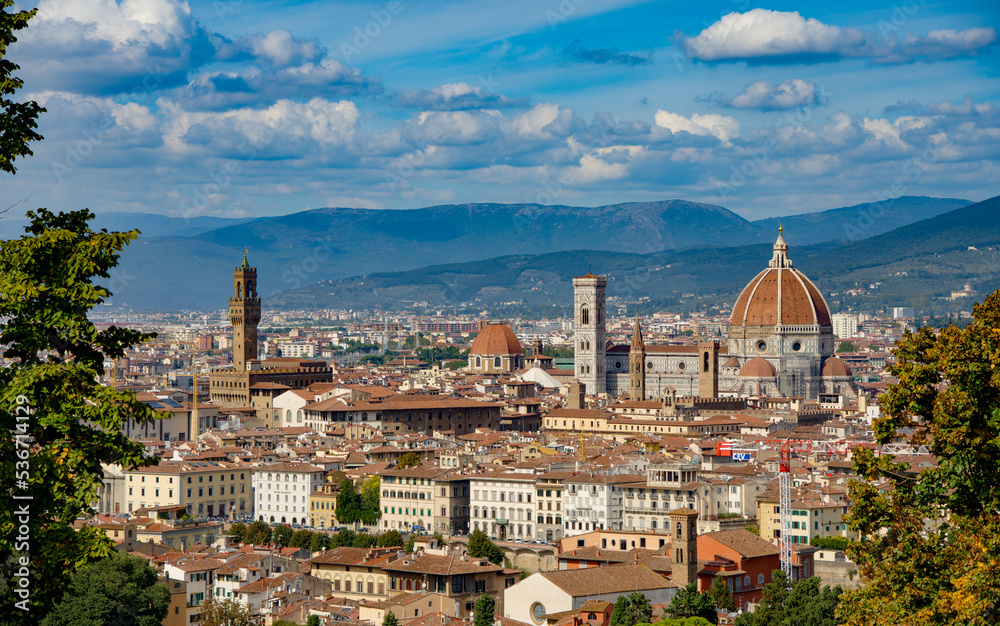 Panoramic view from Piazzale Michelangelo towards the city center of Florence Tuscany Italy