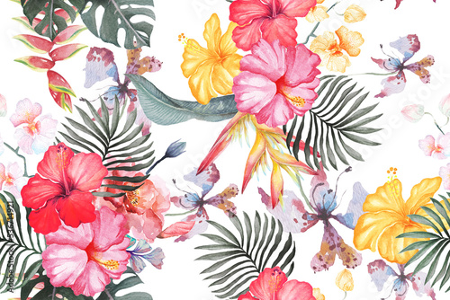 Fototapeta Naklejka Na Ścianę i Meble -  Designed with floral patterns painted with watercolors with elegant patterns.Seamless pattern of hibiscus and orchids,flowers,tropical leaves on white background.Bright fabric pattern in summer.