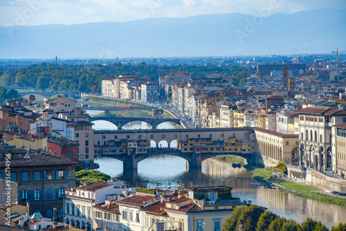 Panorama on the Lungarno and Ponte Vecchio in Florence Tuscany Italy
