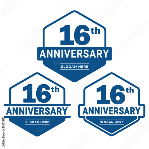 Set of 16 years Anniversary logotype design. 16th birthday celebration logo collection. Set of anniversary design template. Vector illustration. 