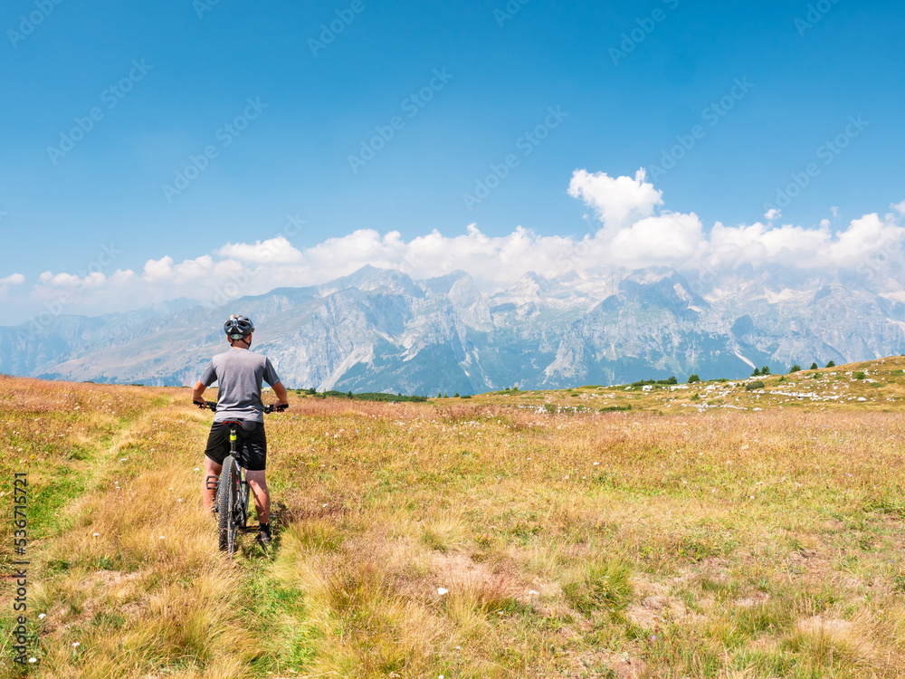 Boy stop bike on peak trek and enjoy overview over Alps peak