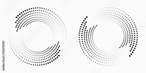 Halftone logo set. Circular dotted logo isolated on the white background. Garment fabric design.Halftone circle dots texture. Vector design element for various purposes.