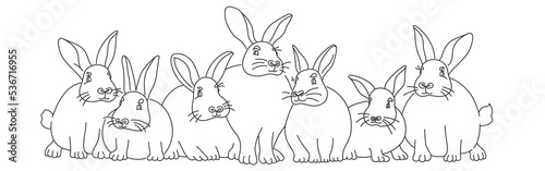 Seven Rabbits are sitting together.