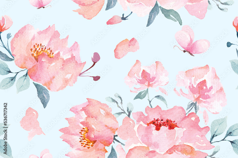 Rose seamless pattern with watercolor on pastel background.Designed for fabric and wallpaper, vintage style.Hand drawn floral pattern illustration.Rose garden.Pink flower bouquet.