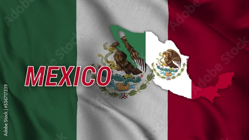 Mexico flag fluttering in the wind and featuring a map of the country in the Mexican flag pattern. It is a composite garden of Footage.