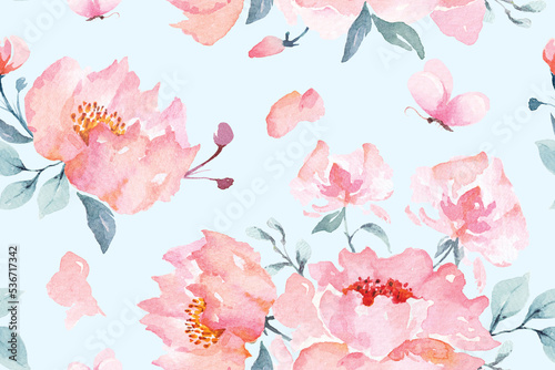 Rose seamless pattern with watercolor on pastel background.Designed for fabric and wallpaper, vintage style.Hand drawn floral pattern illustration.Rose garden.Pink flower bouquet.