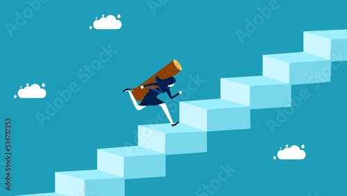 patience and effort. Businesswoman carrying a burden running on the stairs vector