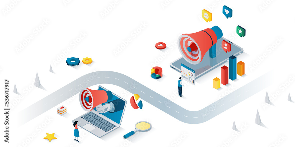 Naklejka premium Digital marketing concept 3d isometric web banner. People making advertising campaign, business promotion in social media, attract clients. Illustration for landing page and web template design
