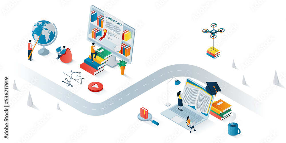 Education process concept 3d isometric web banner. People students study online, reading books, watching seminars, graduate with diplomas. Illustration for landing page and web template design