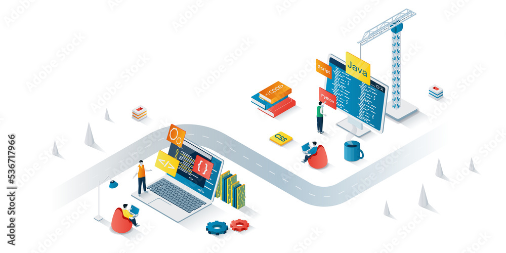 Programming company concept 3d isometric web banner. People developers create software and programs, coding and testing, optimize product. Illustration for landing page and web template design