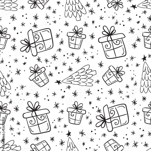 Seamless christmass pattern of snow, gift box and christmass tree. Hand drawn cute design winter backdrop. For print, textile, wrapping
