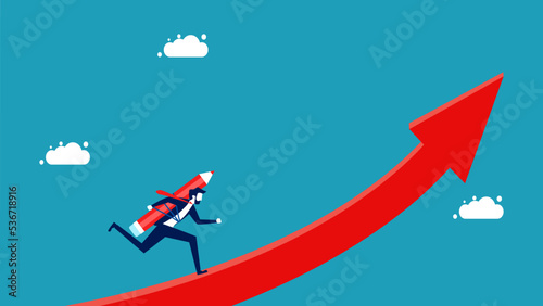 thinking and development. businessman with a pencil running on a growing arrow vector