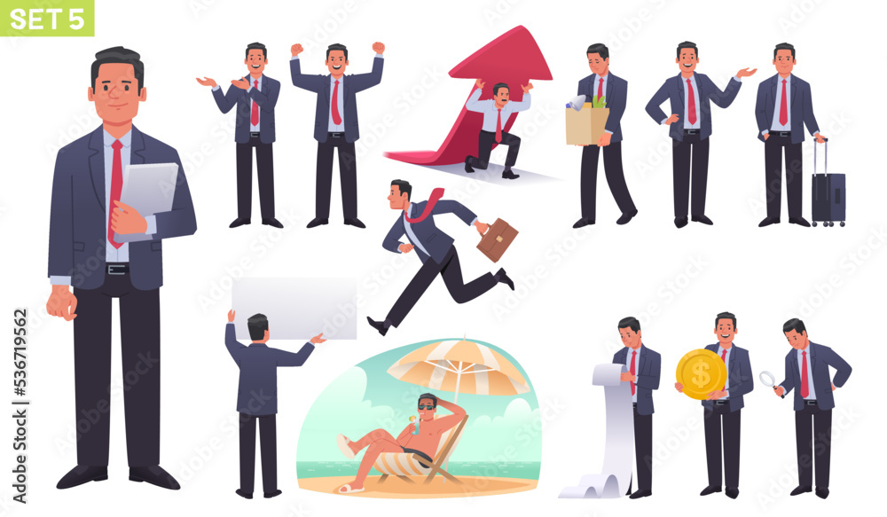 Large set of manager character. Businessman or entrepreneur in different poses and actions. Business man on vacation