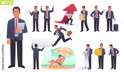 Large set of manager character. Businessman or entrepreneur in different poses and actions. Business man on vacation