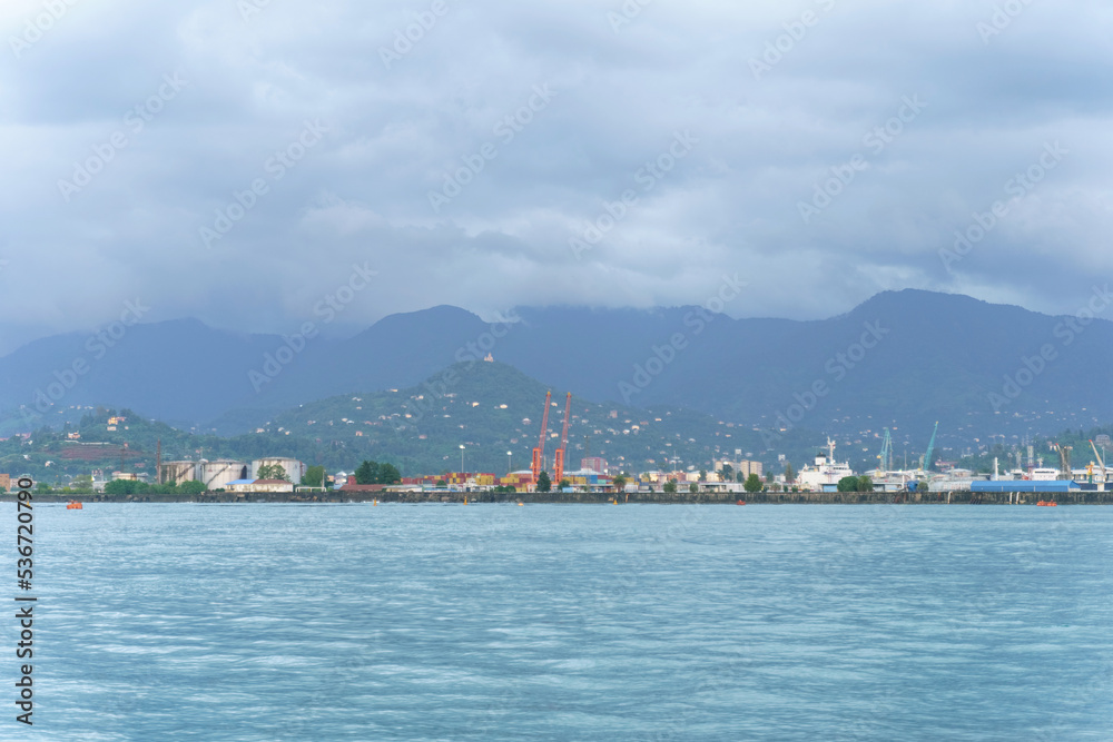 View of the sea, mountains and the seaport of Batumi
