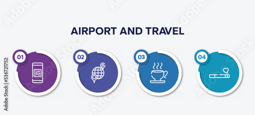 infographic element template with airport and travel outline icons such as qr code scan, international location, teacup, smoking vector.