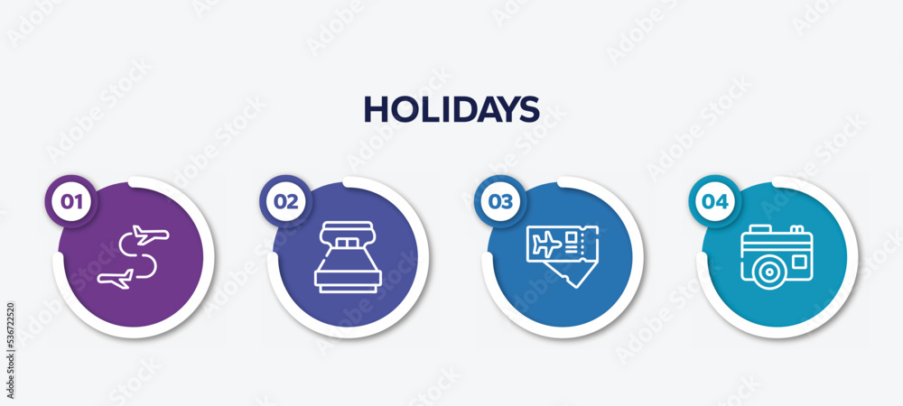 infographic element template with holidays outline icons such as flight transfer, king size, airplane tickets, vintage digital photo camera vector. infographic element template with holidays outline icons such as flight transfer, king size, airplane tickets, vintage digital photo camera vector.