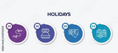 infographic element template with holidays outline icons such as flight transfer, king size, airplane tickets, vintage digital photo camera vector.