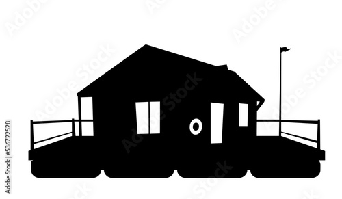 Floating house. Silhouette design. Dwelling with small courtyard on water. Isolated on white background. illustration vector.