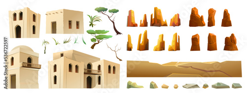 Arab clay hut. Set of object and rocks. Middle Eastern adobe dwelling. Africa and Asia traditional house. Isolated on white background Vector.