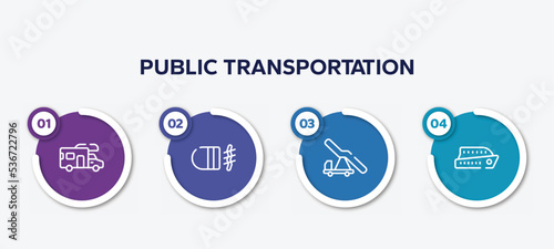 infographic element template with public transportation outline icons such as rv, fog lamp, aircraft stairs, ferry boat vector.