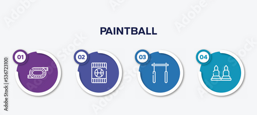 infographic element template with paintball outline icons such as race track, blue card, horizontal bar, munition vector.