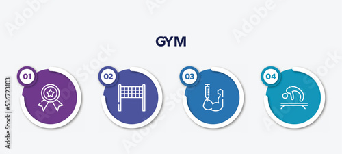 infographic element template with gym outline icons such as first prize, volleyball net, steroids, gymnastics vector.