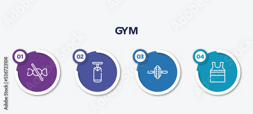 infographic element template with gym outline icons such as no sweets, boxing bag, electric unicycle, tanktop vector.