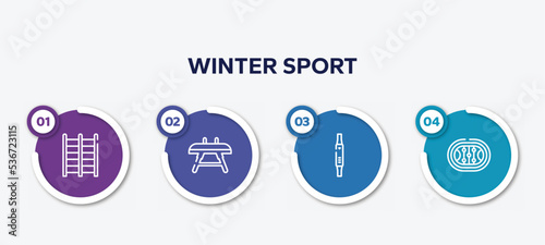 infographic element template with winter sport outline icons such as trellis, vaulting horse, fitness watch, hockey arena vector.