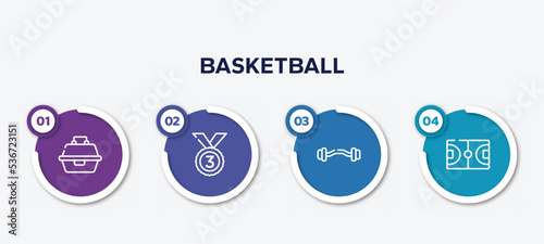 infographic element template with basketball outline icons such as tackle box, bronze, ez bar, basketball field vector.