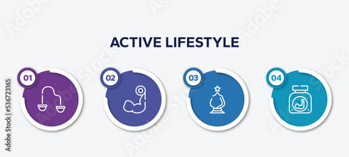 infographic element template with active lifestyle outline icons such as resistance band, biceps curl, glass award, protein powder vector.