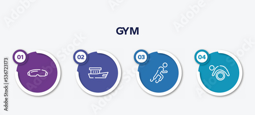 infographic element template with gym outline icons such as goggle, fishing boat, paralympics, pilates vector.