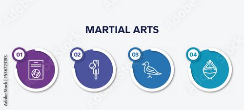 infographic element template with martial arts outline icons such as baseball card, crocket, seagulls, asian hat vector.