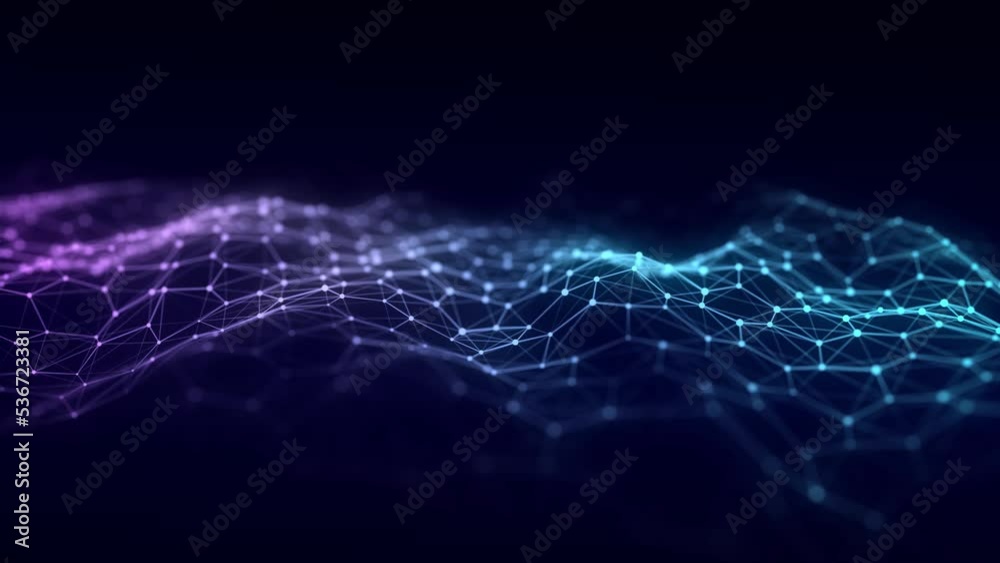 Blue hexagon wave of particles and lines. Big data visualization. Abstract background with a dynamic wave. 3d rendering.