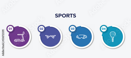 infographic element template with sports outline icons such as cardio, longboard, sport sunglasses, padel vector.