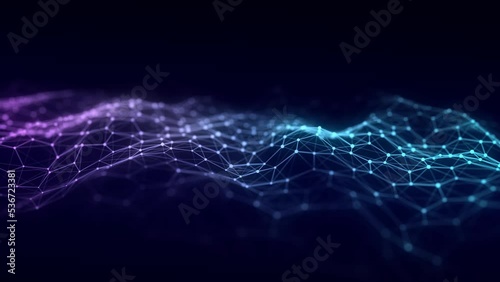 Blue hexagon wave of particles and lines. Big data visualization. Abstract background with a dynamic wave. 3d rendering.