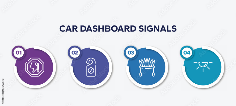 infographic element template with car dashboard signals outline icons such as lightning warning, do not disturbe, indian headdress, dome light vector. infographic element template with car dashboard signals outline icons such as lightning warning, do not disturbe, indian headdress, dome light vector.