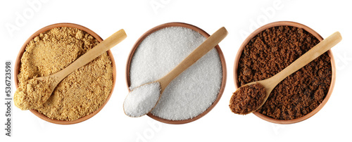 Set sweet sugar, unrefined brown cane sugar, white crystallized refined sugar pile (beet) , muscovado in clay pot isolated on white, top view     photo