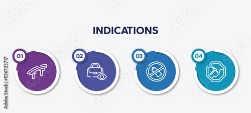 infographic element template with indications outline icons such as flyover bridge, null, no littering, mining work zone vector.