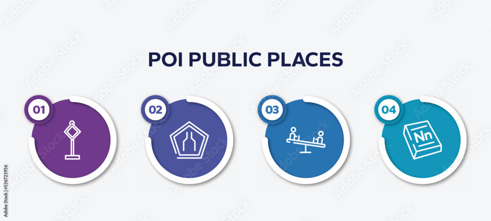 infographic element template with poi public places outline icons such as traffic, narrow road, children on teeter totter, 3d dictionary vector.