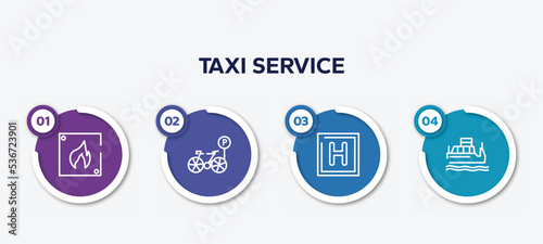 infographic element template with taxi service outline icons such as fire triangular, bike parking, round hotel, water taxi vector.
