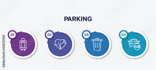 infographic element template with parking outline icons such as hand luggage, electrocardiogram inside heart, trash, locked car vector.