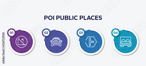 infographic element template with poi public places outline icons such as upstairs, car frontal view, t junction, bed vector.